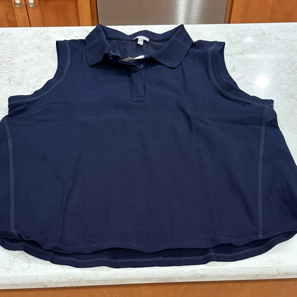 T for Talbots Women’s Indigo Navy Sleeveless Collared Pique Polo NWT